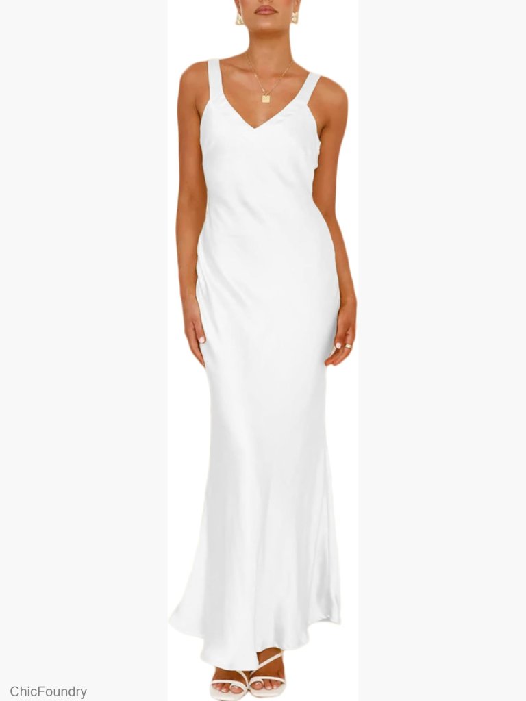 Satin V Neck Maxi Dress Sleeveless Backless Wedding Guest